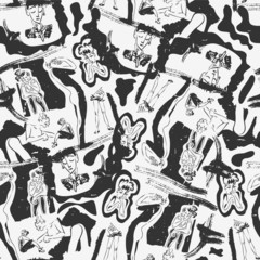 Fototapeta premium Retro seamless pattern with hand drawn sketches of people