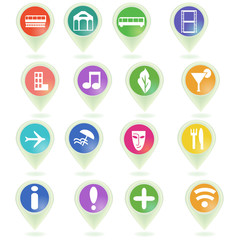 White map markers with colored labels