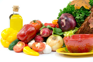 Autumn cornucopia, vegetables, olive oil and ceramic bowl