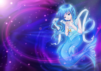 Manga style of zodiac sign on cosmic background, Pisces