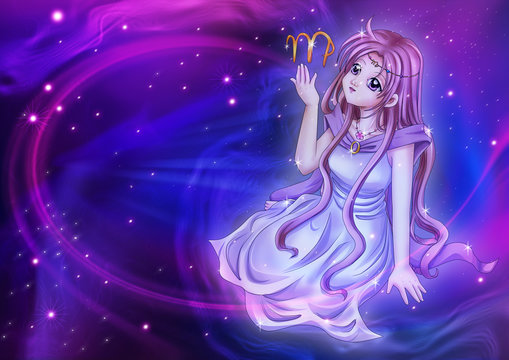 Manga style of zodiac sign on cosmic background, Virgo