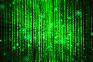 Binary code flowing over a green background