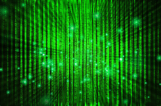 Binary code flowing over a green background