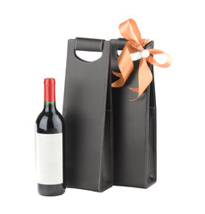 A luxury leather wine bag and wine bottle
