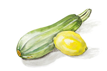 Small green zucchini squash and a big yellow lemon isolated