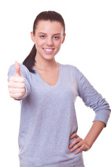 beautiful smiling woman with thumbs up