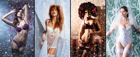 A collage of young women in erotic clothes on a snowy background © Acronym