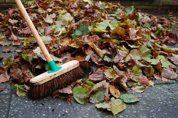Pile of autumn leaves on backyard patio with sweeping brush - obrazy, fototapety, plakaty