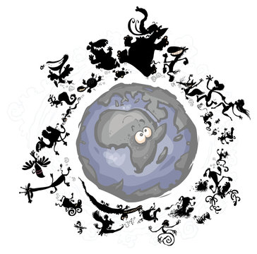 recommend clip art: Carton Animal Silhouettes around the Earth.