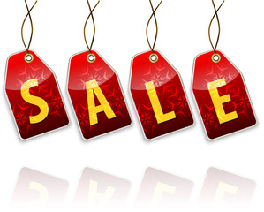 Red hanging tags with the word sale. Shopping labels