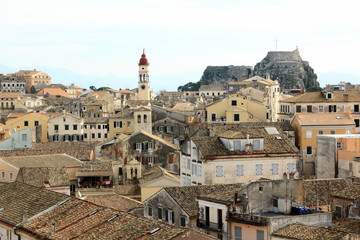 town buildings churches streets and castle on the island of Corfu in Greece	