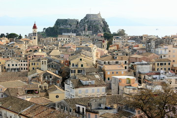 town buildings churches streets and castle on the island of Corfu in Greece	