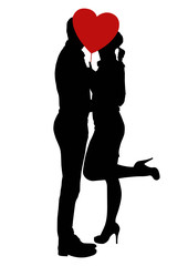 Silhouette küssendes Paar hinter weißem Herz