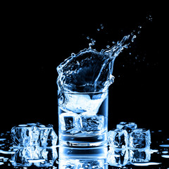 Close up view of the splash in glass with water on black