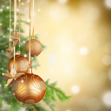  Christmas theme with golden glass balls and free space for text
