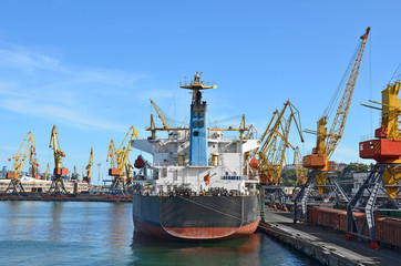 Fototapeta premium Masowy statek towarowy pod mostem dźwigu portowego, Odessa, Ukraina