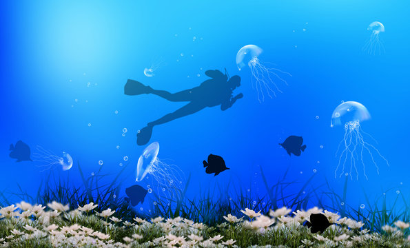 Diving. Underwater marine life © red150770