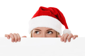 Female santa holding a christmas white card