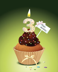 Cupcake mit Geburtstagskerze die Zahl 3