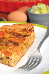 Une part de tarte poireaux et saumon dans l'assiette