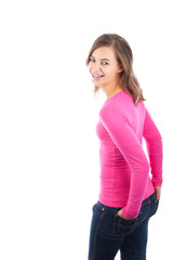 Young pretty woman looking over shoulder