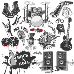 set of vector symbols related to rock and roll - obrazy, fototapety, plakaty