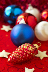 Christmas ornaments on a red background