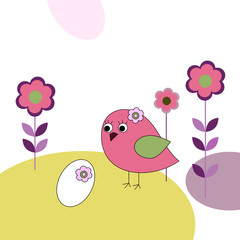 Pink bird with eggs and flowers