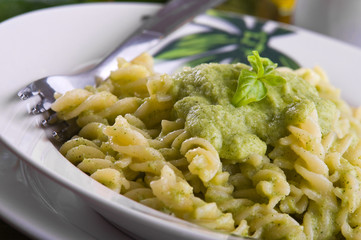 Pasta with zucchini pesto.