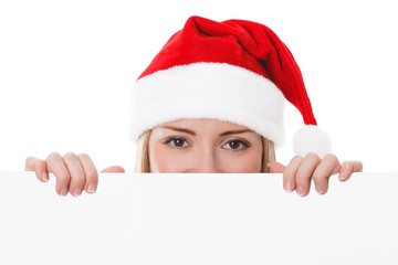 Female santa holding a christmas white card