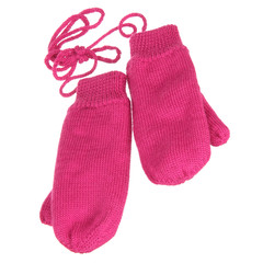 Pink knit wool mittens isolated on white background