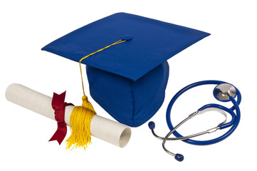 Graduation Cap With Stethoscope and Diploma