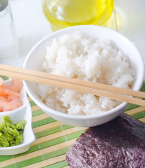 Boiled rice with ingredients for sushi