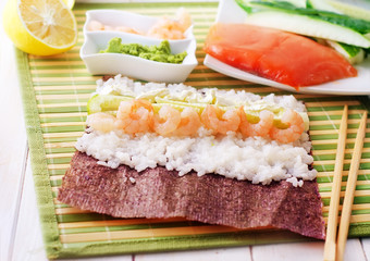 Fresh ingredients for sushi, rice and shrimps