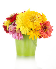 bouquet of beautiful summer flowers in bucket, isolated on