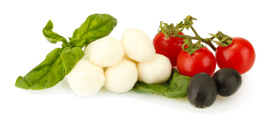 cheese mozzarella with vegetables and herbs isolated on white
