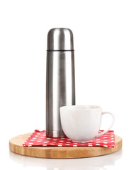 metal thermos with cup on wooden board isolated on white