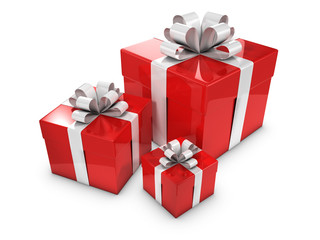 3d Three Red Gift boxes with white bows