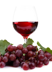 glass of wine and grapes, isolated on white