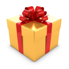 3d Gold Gift box with red bow and ribbons - 46694216