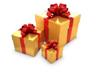 Three Gold Gift boxes with red bows and ribbons