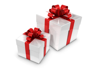Two White Gift boxes with red bows and ribbons
