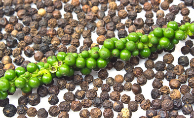 Fresh green peper on heap of Black Pepper,Thai Indian Spice