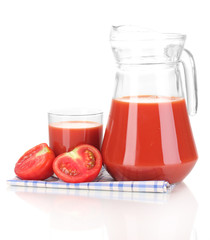 Tomato juice in pitcher and glass isolated on white