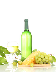 Bottle of great wine with wineglass and cheese isolated on