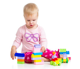child playing  with colourful toys. Isolated on white background