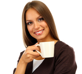 beautiful young woman with cup of coffee, isolated on white