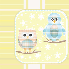 owl and a penguin on a tree in winter