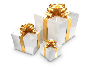 Three White Gift boxes with gold bow and ribbons