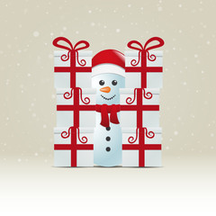 snowman behind gift stack snowy winter background